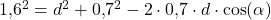 1{,}6^2=d^2+0{,}7^2-2\cdot 0{,}7\cdot d\cdot \cos(\alpha)