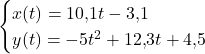 \begin{cases}x(t)=10{,}1t-3{,}1\\ y(t)=-5t^2+12{,}3t+4{,}5\end{cases}