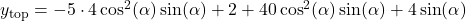 y_{\text{top}}=-5\cdot 4\cos^2(\alpha)\sin(\alpha)+2+40\cos^2(\alpha)\sin(\alpha)+4\sin(\alpha)