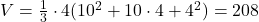 V=\frac{1}{3}\cdot 4(10^2+10\cdot 4+4^2)=208