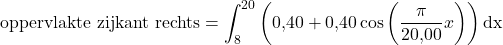 \text{oppervlakte zijkant rechts} = \displaystyle\int_{8}^{20} \left(0{,}40+0{,}40\cos\left(\frac{\pi}{20{,}00}x\right)\right)\text{dx}