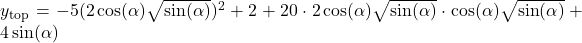 y_{\text{top}}=-5(2\cos(\alpha)\sqrt{\sin(\alpha)})^2+2+20\cdot 2\cos(\alpha)\sqrt{\sin(\alpha)}\cdot \cos(\alpha)\sqrt{\sin(\alpha)}+4\sin(\alpha)