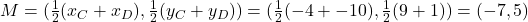 M=(\frac{1}{2}(x_C+x_D}),\frac{1}{2}(y_C+y_D)) = (\frac{1}{2}(-4+-10),\frac{1}{2}(9+1)) = (-7,5)